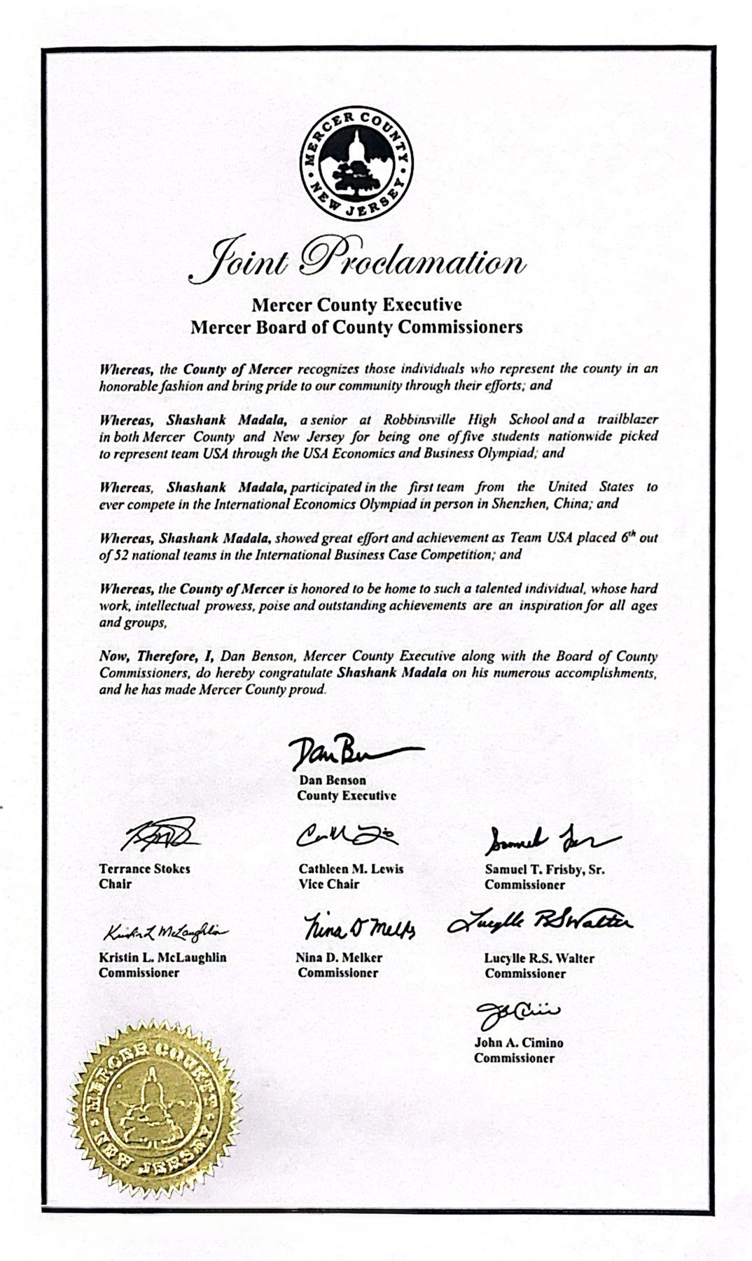Joint proclamation from the Mercer County Executive and Board of County Commissioners