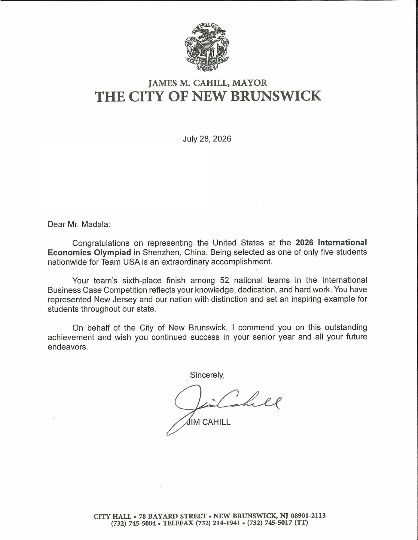 Letter of congratulations from Mayor Jim Cahill of the City of New Brunswick