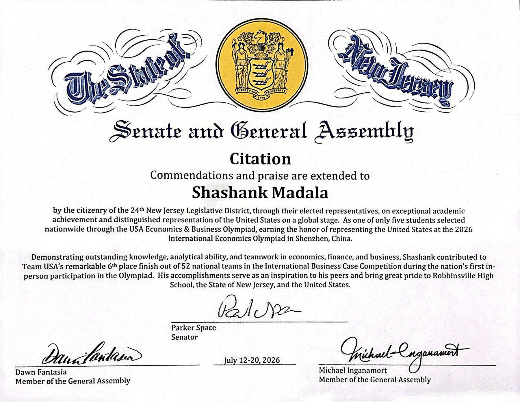 New Jersey Senate and General Assembly citation from the 24th Legislative District