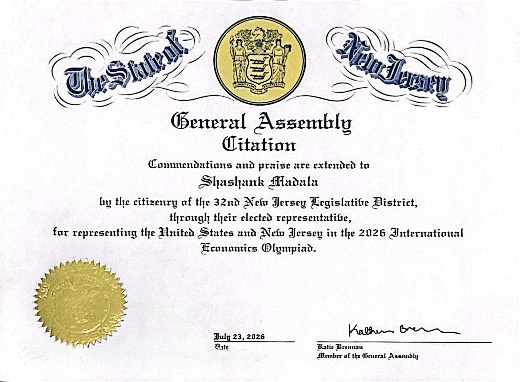 New Jersey General Assembly citation from Assemblywoman Katie Brennan