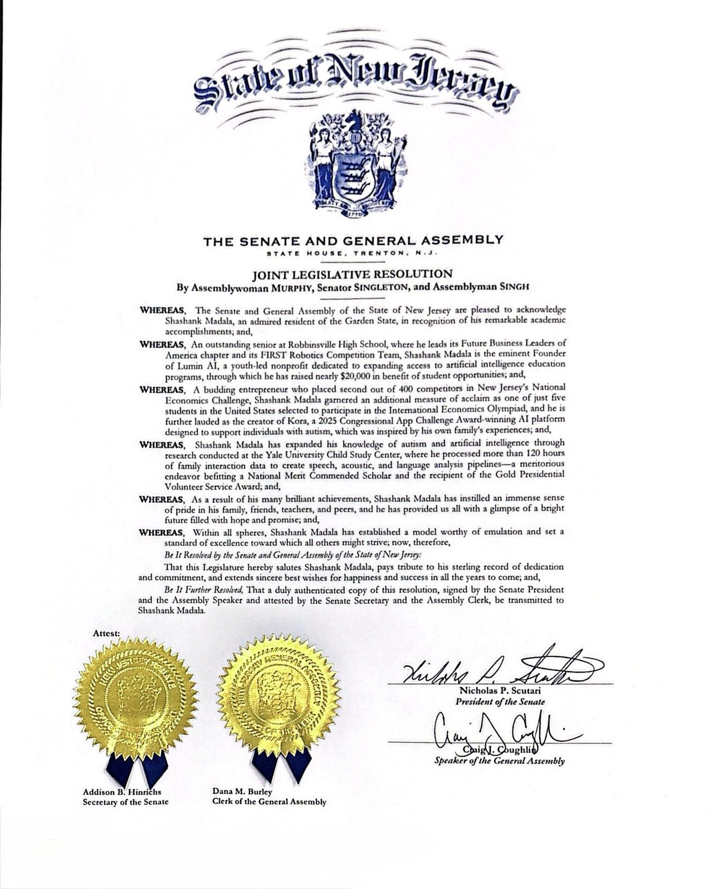 Joint legislative resolution of the New Jersey Senate and General Assembly