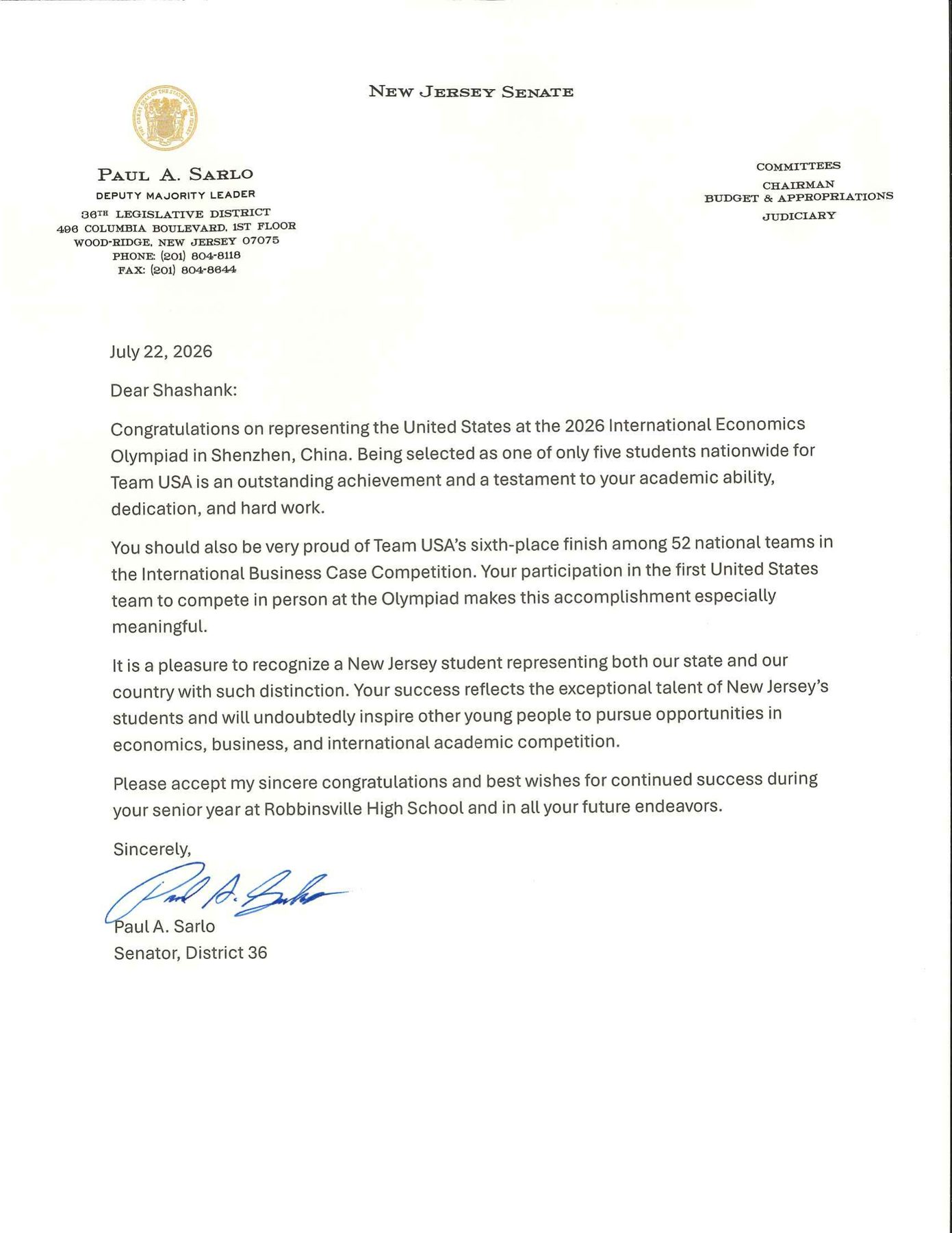 Letter of congratulations from Senator Paul A. Sarlo of the New Jersey Senate