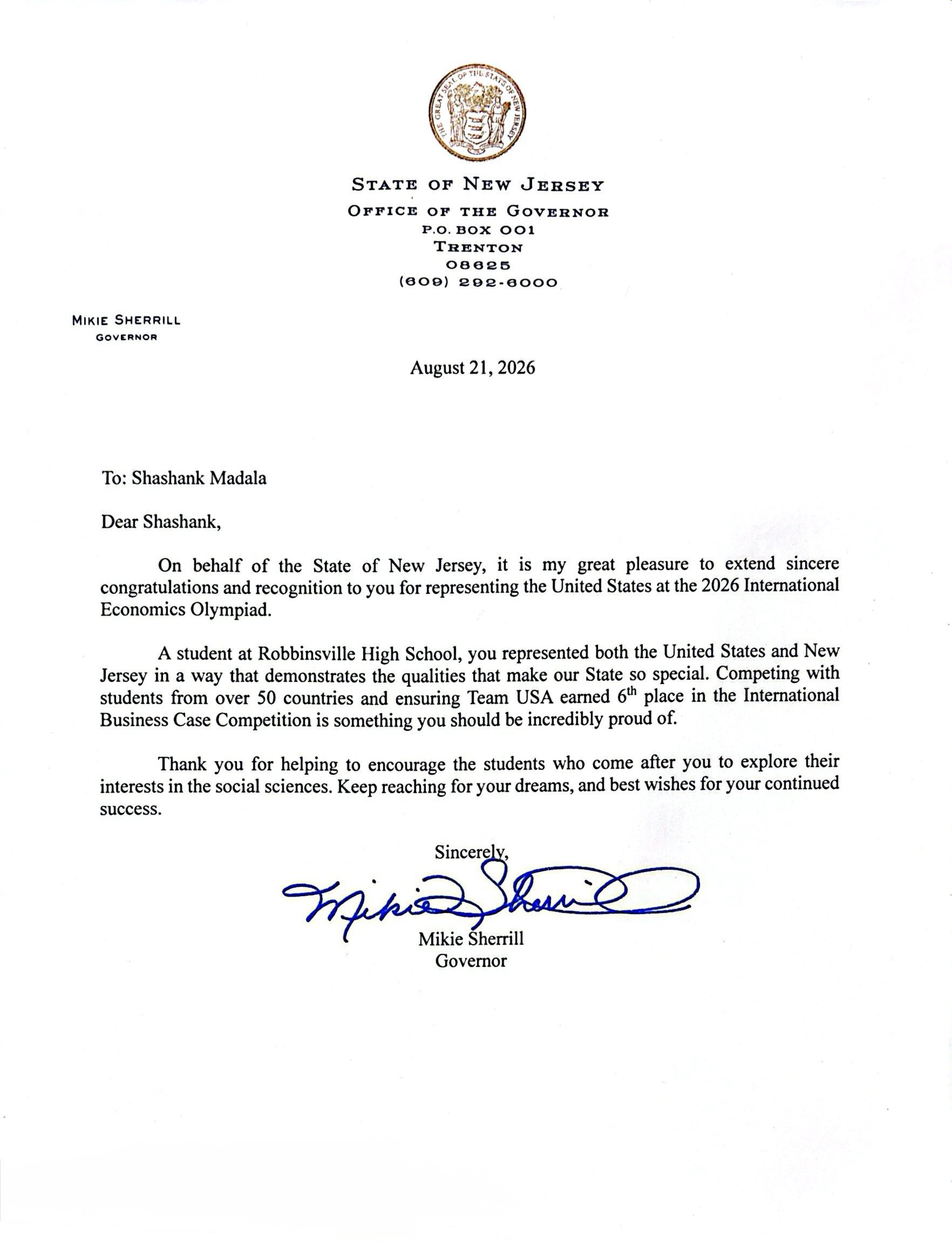 Letter of congratulations from Governor Mikie Sherrill of the State of New Jersey for representing the United States at the 2026 International Economics Olympiad