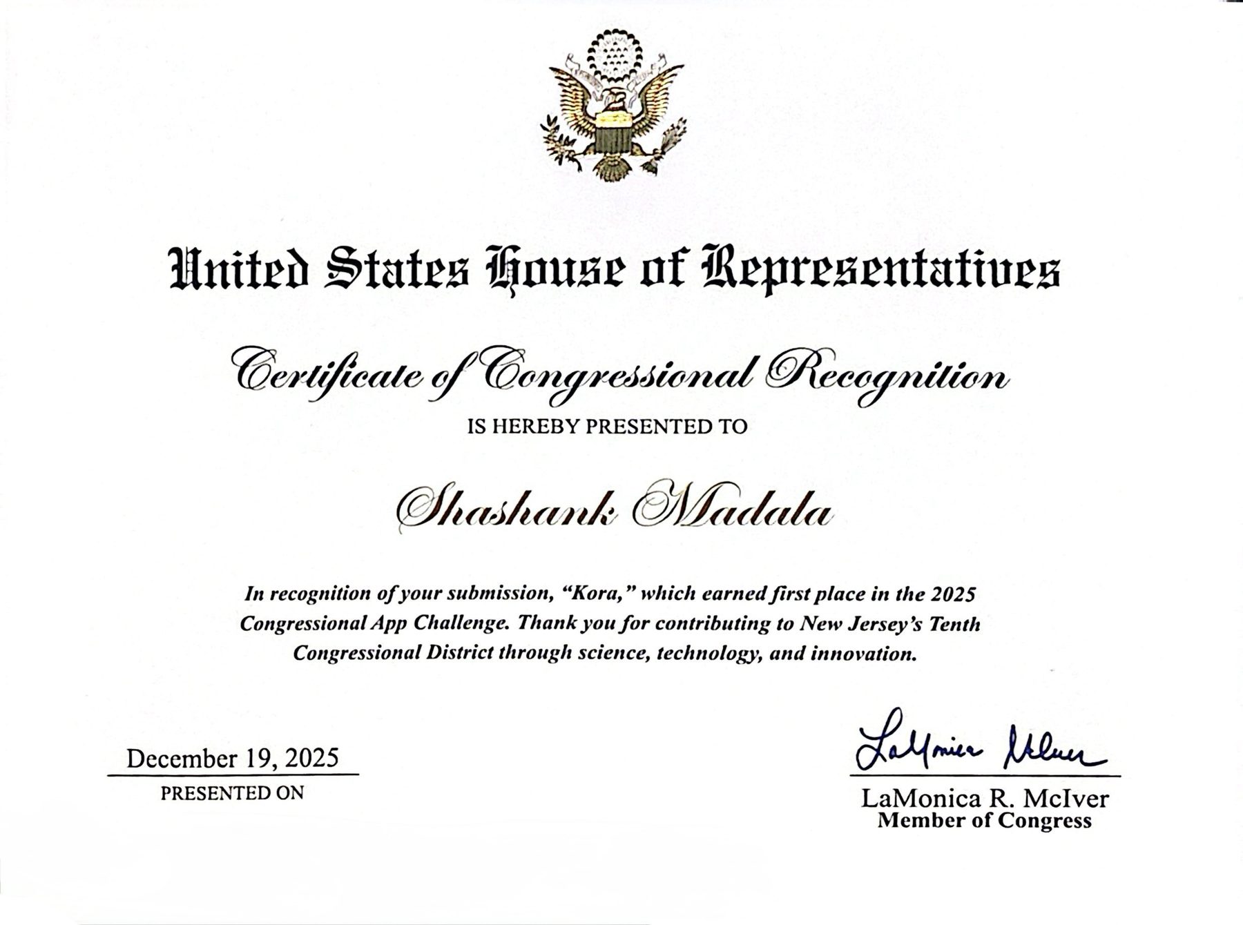 Certificate of Congressional Recognition from the United States House of Representatives, presented by Rep. LaMonica McIver