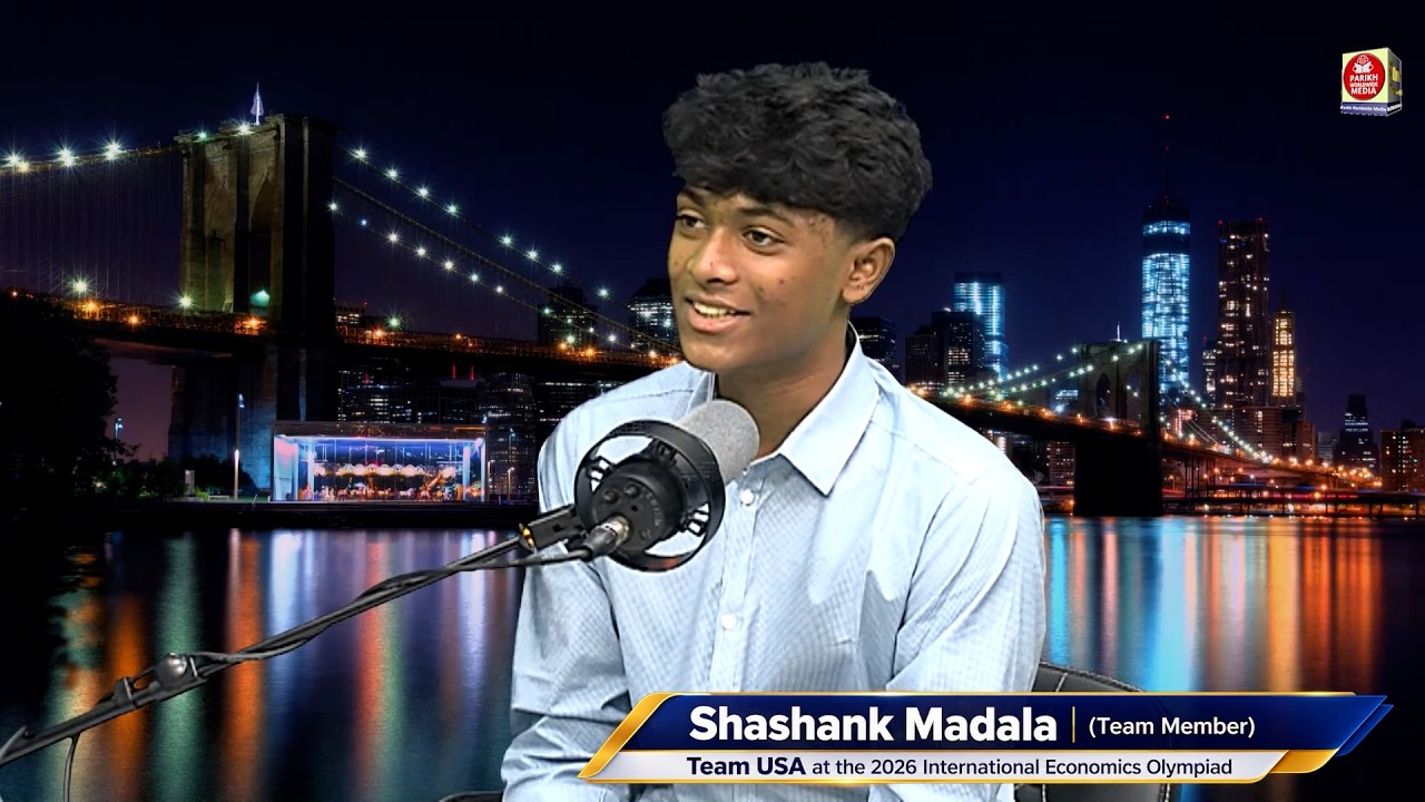 Shashank Madala on the ITV Gold set, lower third reading Team USA at the 2026 International Economics Olympiad